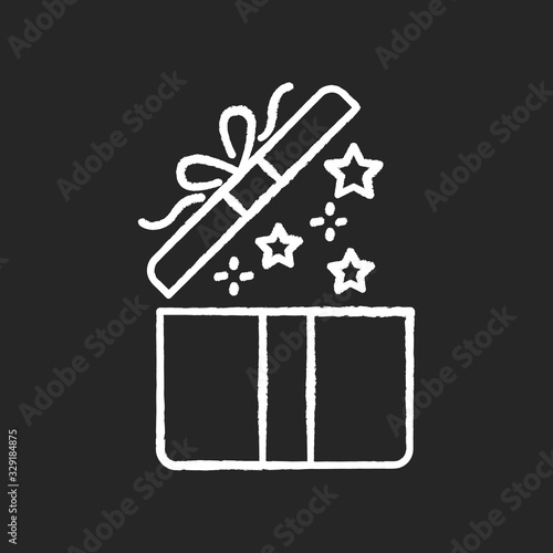 Gift chalk white icon on black background. Open present. Surprise in festive box. Party item. Special prize. Decoration with ribbon and confetti. Give away. Isolated vector chalkboard illustration