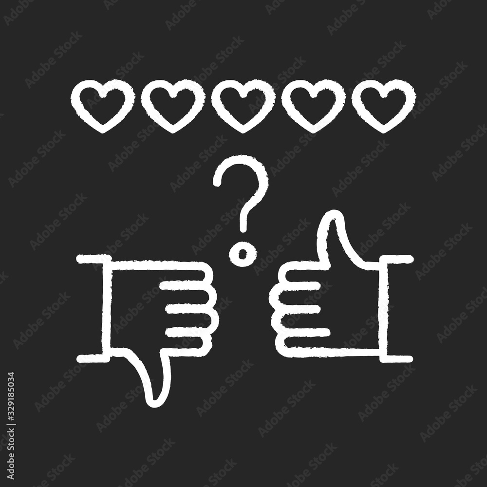 Review rate chalk white icon on black background. Thumbs up and down. Hand sign of like and dislike. Satisfaction level. Feedback for social media stories. Isolated vector chalkboard illustration
