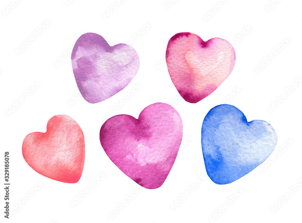 Watercolor five pink, purple, blue hearts set isolated on white. Aquarelle love romantic illustration. Valentines day hand painted art collection. Clipart for banner, greetings, card, wedding design