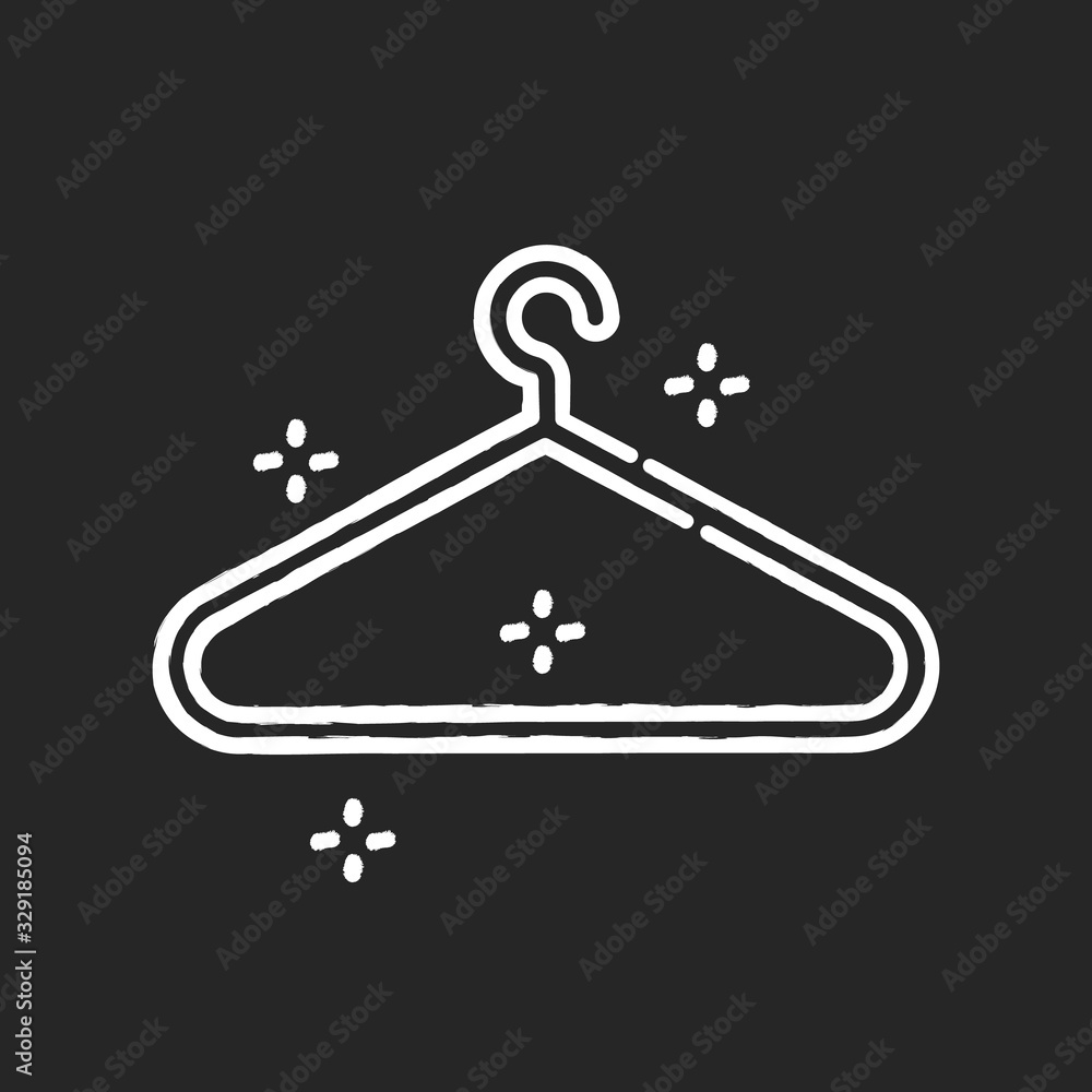 Empty hanger chalk white icon on black background. Hang clothes in closet. Garment storage. Cloakroom sign. Housekeeping symbol. Store cloak. Casual wear. Isolated vector chalkboard illustration Empty hanger chalk white icon on black background. Hang clothes in closet. Garment storage. Cloakroom sign. Housekeeping symbol. Store cloak. Casual wear. Isolated vector chalkboard illustration