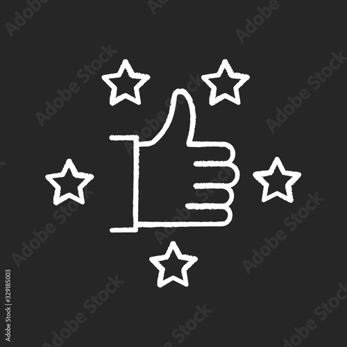 Recommendation chalk white icon on black background. Thumbs up. Five star. Review rate. Customer satisfaction level. Approve of client service. Top quality. Isolated vector chalkboard illustration