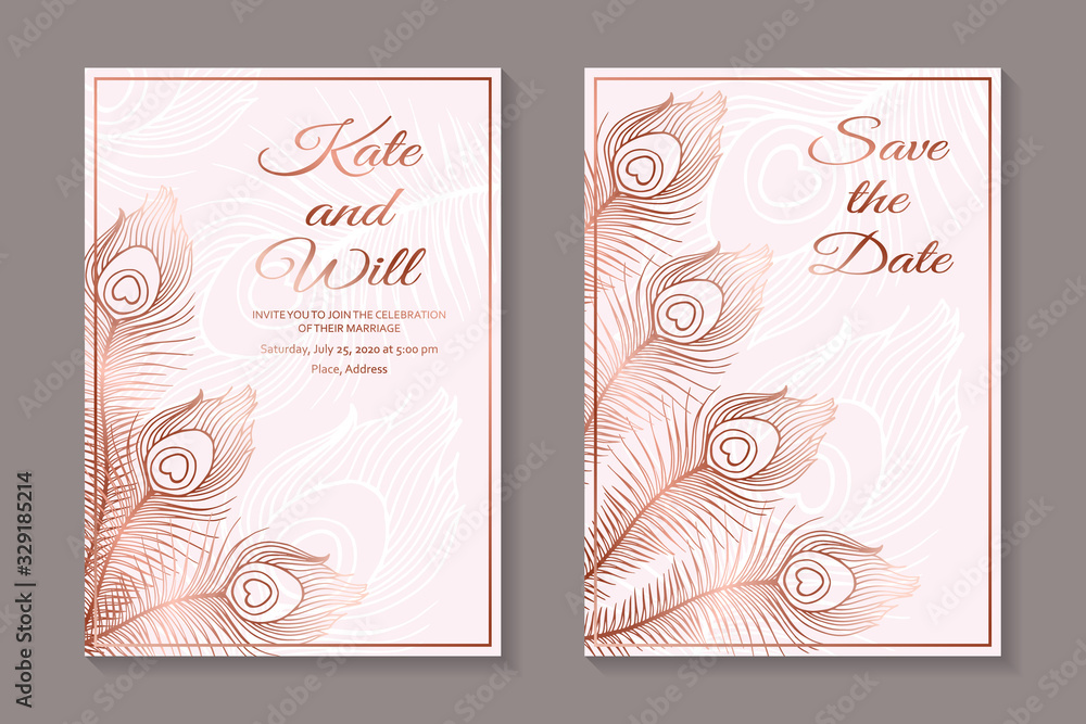 Set of modern luxury wedding invitation design or card templates for  business or presentation or greeting with rose gold peacock feathers on a  pink background. Stock Vector | Adobe Stock