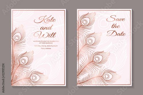 Set of modern luxury wedding invitation design or card templates for business or presentation or greeting with rose gold peacock feathers on a pink background.