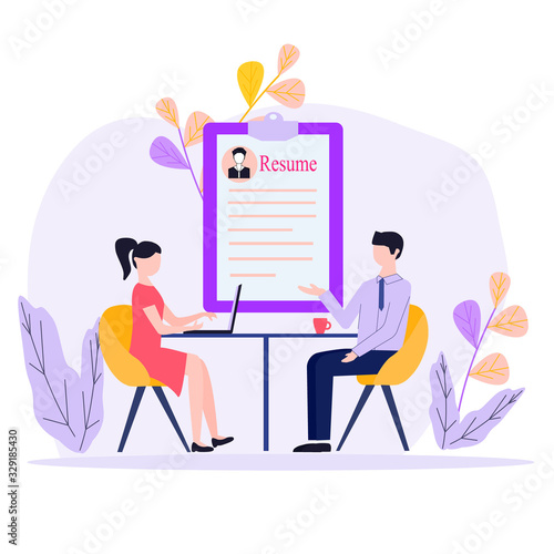 Job interview concept. Woman communicates with a man at the table. Employee candidate with resume. Concept of recruitment or headhunting agency Vector for UI, web banner, poster, landing page.