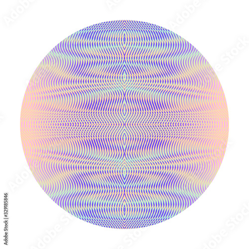 Art element vector circle form with glowing gradient colored abstract linear drawing of wavy lines, moire effect and ripple effect. Trendy and cool element for design websites, accessories for phones.