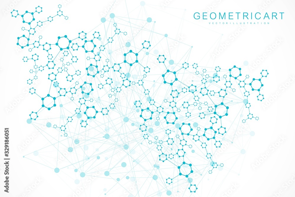 Science network pattern, connecting lines and dots. Technology hexagons structure or molecular connect elements.