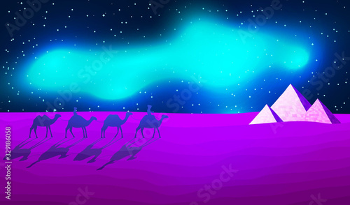 Panoramic Landscape of the Desert. Caravan of Camels Goes to Symbol of Egyptian Pyramids at Night. Aurora Borealis in Tropics. Raster Illustration