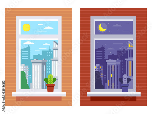 Time of day from window view. Day and night window view. City skyline in day and night with sun and moon. Vector flat illustration set