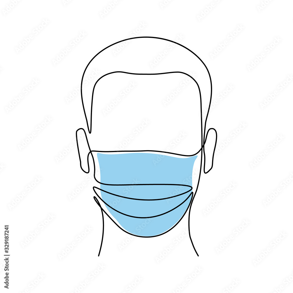 Abstract man wearing medical mask in continuous line art drawing style