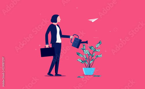 Money growth woman - female person watering a flower with growing cash. Investing, savings and managing money concept. Vector illustration.