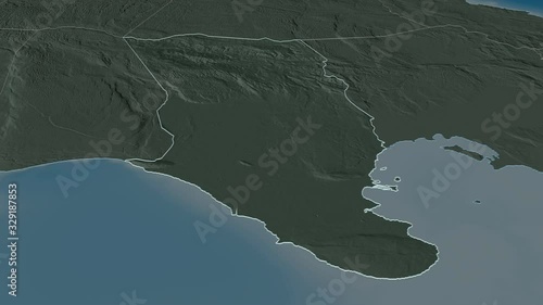 Clarendon, parish with its capital, zoomed and extruded on the administrative map of Jamaica in the conformal Stereographic projection. Animation 3D photo