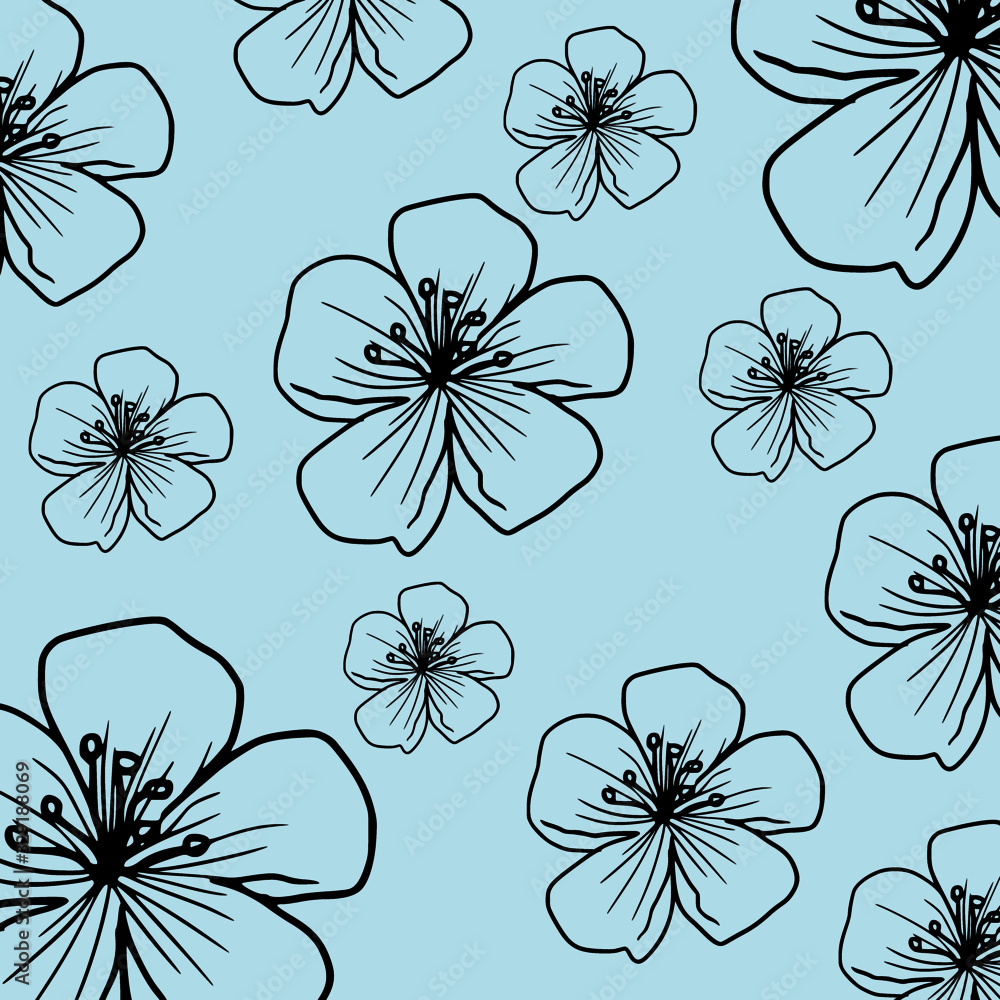 Cherry blossom cyan blue pattern blooming spring flowers floral botanical background illustration for card design Cherry blossom cyan blue pattern blooming spring flowers floral botanical background illustration for card design