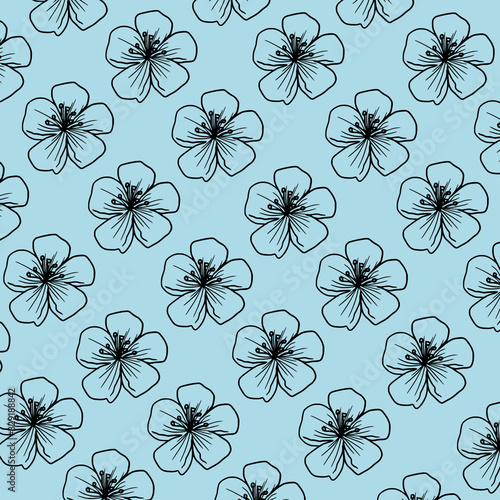 Cherry blossom cyan blue pattern blooming spring flowers floral botanical background illustration for card design