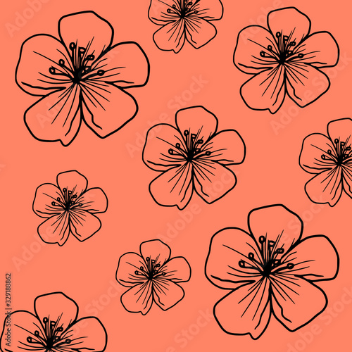 Cherry blossom peach pink pattern blooming spring flowers floral botanical background illustration for card design