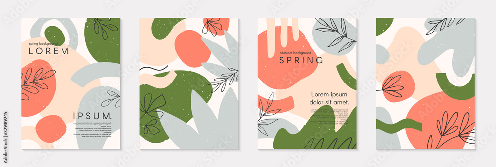 Fototapeta Set of spring vector collages with hand drawn organic shapes and textures in pastel colors.Trendy contemporary design perfect for prints,flyers,banners,invitations,branding design,covers and more