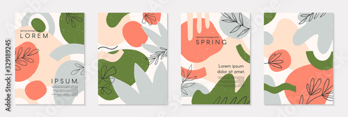 Fototapeta Set of spring vector collages with hand drawn organic shapes and textures in pastel colors.Trendy contemporary design perfect for prints,flyers,banners,invitations,branding design,covers and more