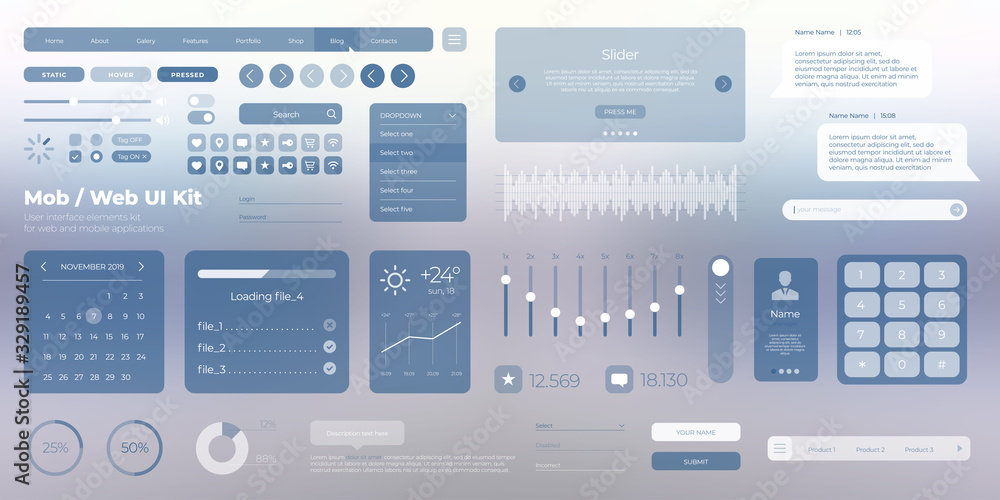 Vector responsive UI UX kit template for mobile applications and web sites. Universal user interface design, tools and buttons. Flat menu icons and control elements on gray background. Vector responsive UI UX kit template for mobile applications and web sites. Universal user interface design, tools and buttons. Flat menu icons and control elements on gray background.