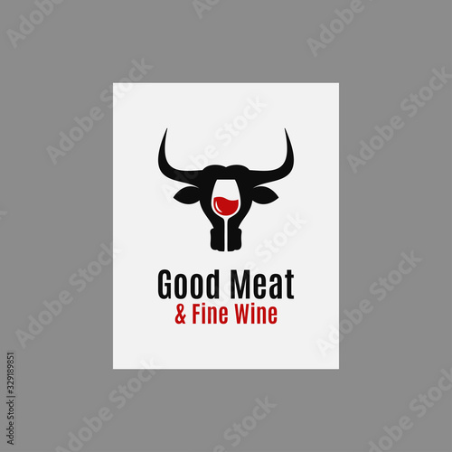 Meat and wine logo. Wine with bull head on white