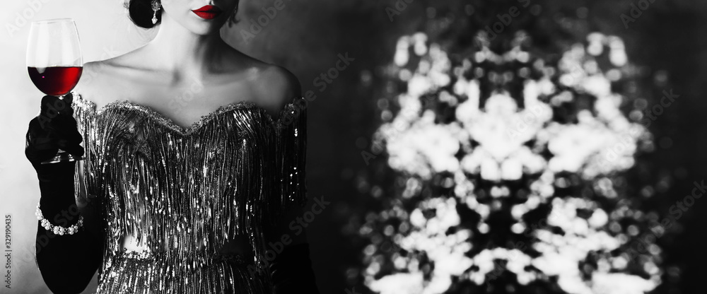 Fototapeta old fashioned poster. Retro woman mysterious silhouette red lips. glass wine holding in hand. Black and white color photo. Great Gatsby old vintage style. invitation party backdrop free space for text