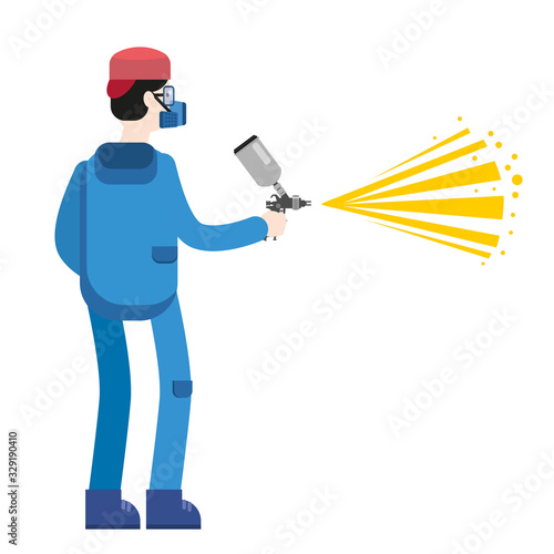 Spray painter professional character spraying yellow paint from paint gun wearing mask and uniform