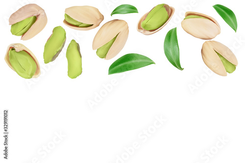 pistachio isolated on white background with clipping path and full depth of field. Top view with copy space for your text. Flat lay