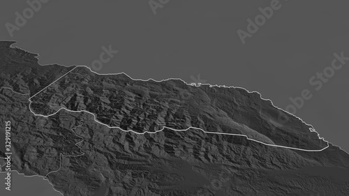 Portland, parish with its capital, zoomed and extruded on the bilevel map of Jamaica in the conformal Stereographic projection. Animation 3D photo