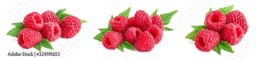 Ripe raspberries with leaf isolated on a white background  Set or collection