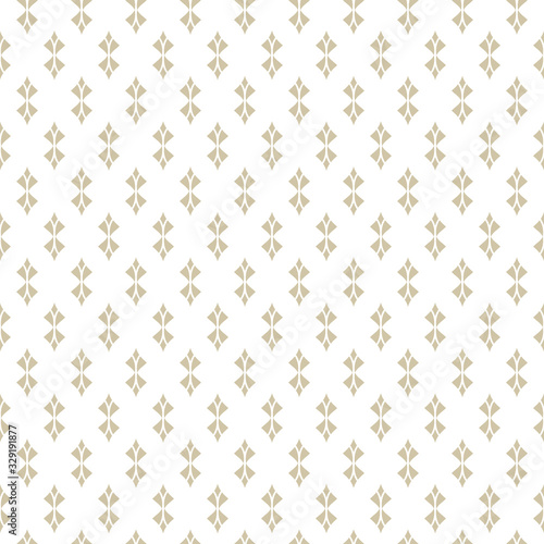 Golden geometric seamless pattern. Abstract monochrome background with curved shapes, rhombuses, feathers. Gold and white repeat texture, art deco style. Ornament design for decoration. - Stock vector