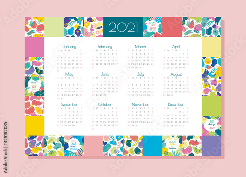 vector one-page horizontal calendar for 2021. Editable and printable template with bright abstract elements: paint strokes, stripes, spots, dots. Planner.