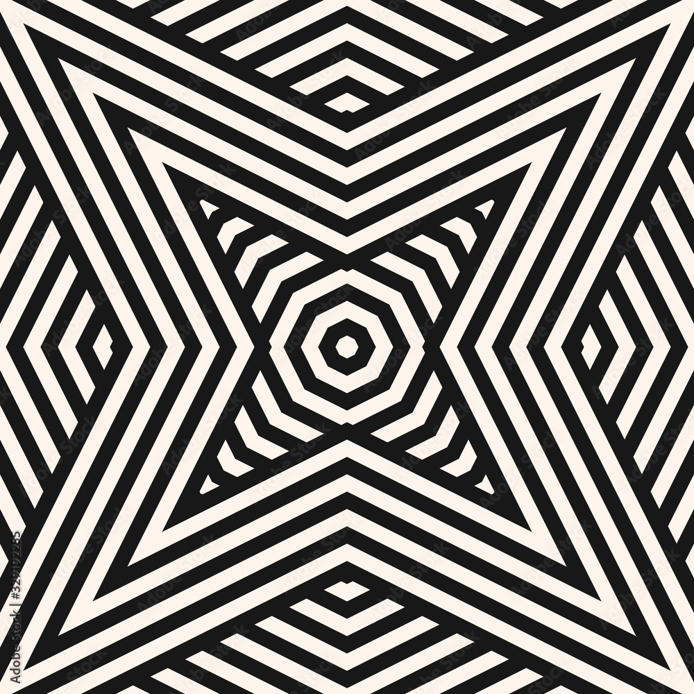 Black and white geometric lines seamless pattern. Stylish modern vector linear background. Abstract graphic texture with stripes, star shapes, ribbons. Monochrome repeat design for decor, print, wrap Black and white geometric lines seamless pattern. Stylish modern vector linear background. Abstract graphic texture with stripes, star shapes, ribbons. Monochrome repeat design for decor, print, wrap