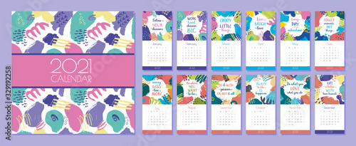 vector calendar for 2021. Editable and printable template with bright abstract elements  paint strokes  stripes  spots  dots and lettering of quotes. Planner. Set of 12 square sheets and a cover.