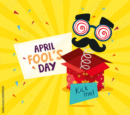 april fools day with surprise box and crazy mask vector illustration design