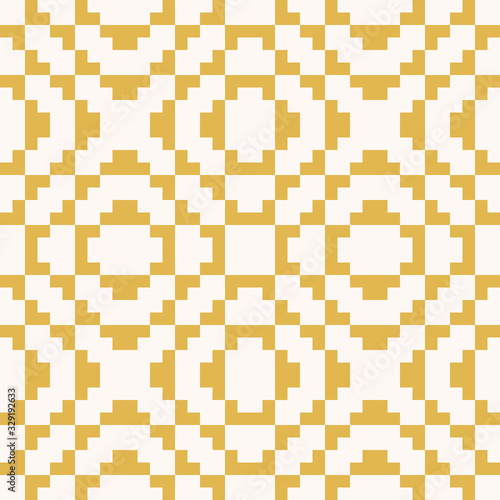 Vector geometric traditional folk ornament. Fair isle seamless pattern. Ethnic motif. Ornamental background with squares, crosses, embroidery, knitting. Yellow and beige color. Repeatable texture