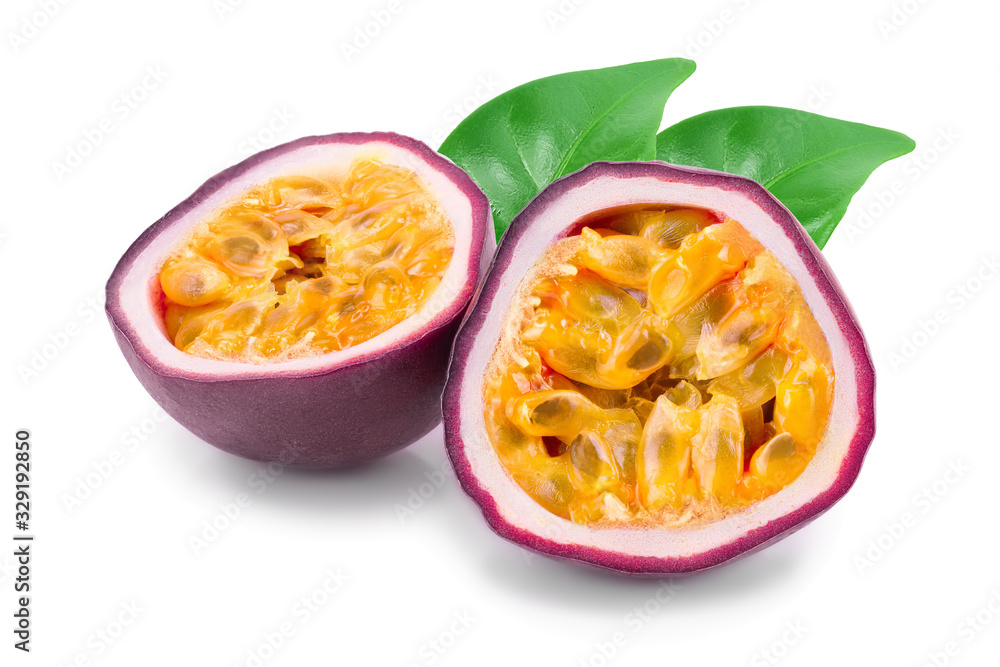half of passion fruits with leaves isolated on white background. Isolated maracuya half of passion fruits with leaves isolated on white background. Isolated maracuya