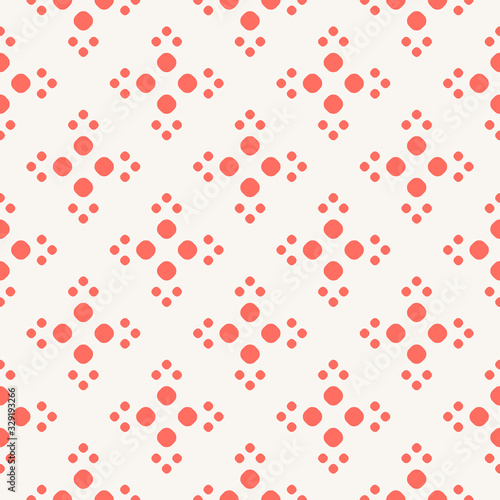 Simple vector minimalist seamless pattern. Coral and white colored polka dot geometric texture. Abstract minimal background with small circles, tiny dots, floral shapes. Cute repeat design for decor
