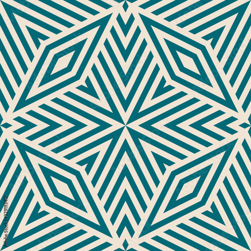 Geometric lines seamless pattern. Simple vector texture with diagonal lines, rhombuses, diamonds, stars. Abstract background in teal and beige color. Retro style linear ornament. Repeat geo design