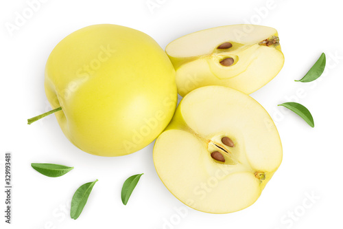yellow apple with half isolated on white background with clipping path and full depth of field. Top view. Flat lay.