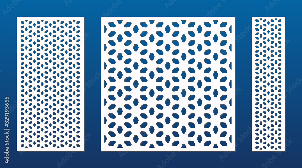 Laser cut pattern. Vector template with abstract geometric texture, floral grid ornament. Decorative perforated stencil for laser cutting panel of wood, metal, engraving. Aspect ratio 1:2, 1:1, 1:4