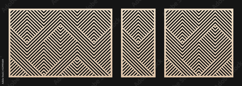 Laser cut panel set. Vector template with abstract geometric pattern, lines, stripes, chevron. Decorative stencil for laser cutting of wood, metal, plastic, decor element. Aspect ratio 3:2, 1:2, 1:1 - obrazy, fototapety, plakaty 