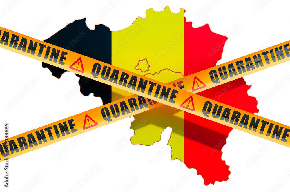 Quarantine in Belgium concept. Belgian map with caution barrier tapes, 3D rendering