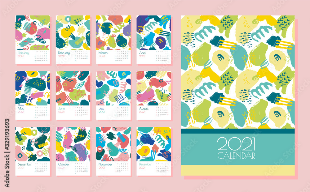 vector calendar for 2021. Editable and printable template with bright abstract elements: paint strokes, stripes, spots, dots. Planner. Set of 12 vertical sheets and a cover. vector calendar for 2021. Editable and printable template with bright abstract elements: paint strokes, stripes, spots, dots. Planner. Set of 12 vertical sheets and a cover.