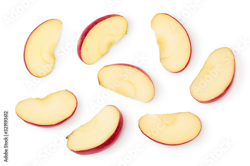 Red apple slices isolated on white background with clipping path and full depth of field. Top view. Flat lay