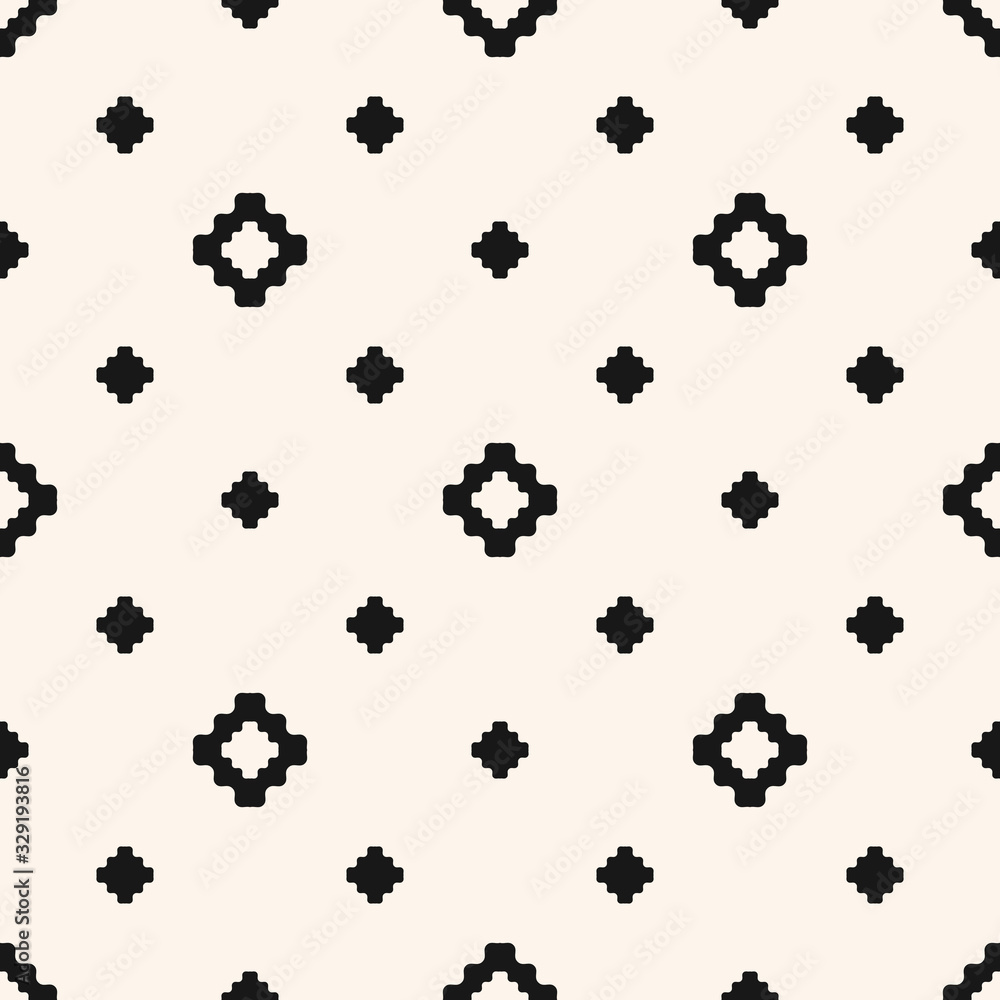Vector floral geometric texture. Abstract black and white seamless pattern with small flower shapes, diamonds, squares, crosses. Simple minimal monochrome background. Repeat design for decor, print