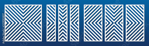 Laser cut panel set. Vector template with abstract geometric pattern, diagonal lines, stripes. Decorative stencil for laser cutting of wood, metal, engraving, fretwork. Aspect ratio 1:1, 1:2, 1:4