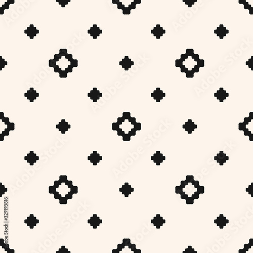 Vector floral geometric texture. Abstract black and white seamless pattern with small flower shapes, diamonds, squares, crosses. Simple minimal monochrome background. Repeat design for decor, print