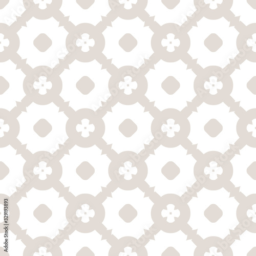 Subtle vector geometric texture. Abstract seamless pattern with mesh  lattice  grid  circles  flower silhouettes. Delicate ornamental background in white and beige colors. Elegant repeatable design