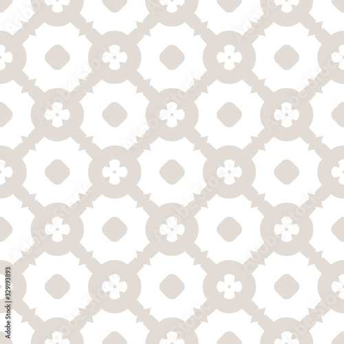Subtle vector geometric texture. Abstract seamless pattern with mesh, lattice, grid, circles, flower silhouettes. Delicate ornamental background in white and beige colors. Elegant repeatable design