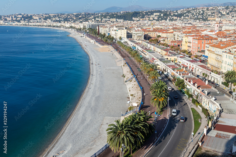 Scenic view of Nice waterfront and city in Mediterranean France