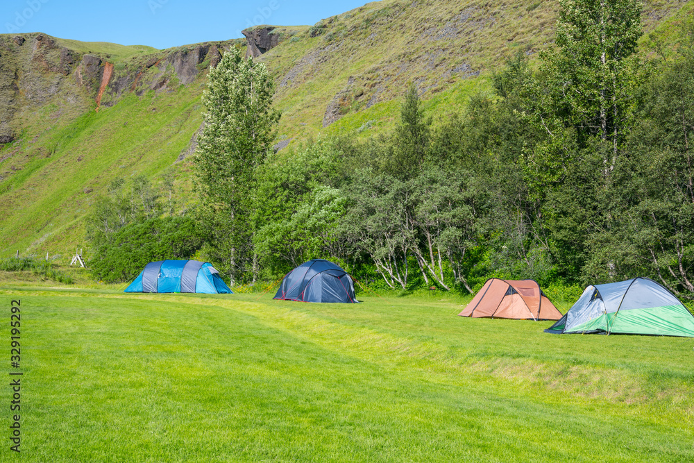 Tents at Kleifar campsite near Kirkjubaejarklaustur in south Iceland