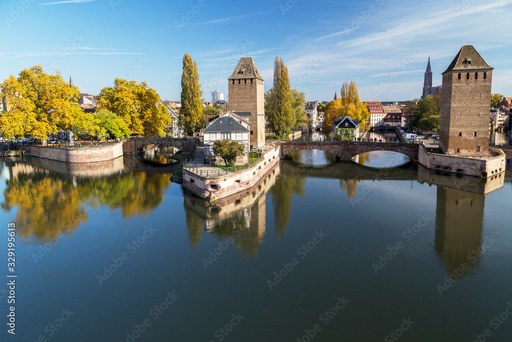 Covered Bridges and historical district in evening Autumn light, Strasbourg, France